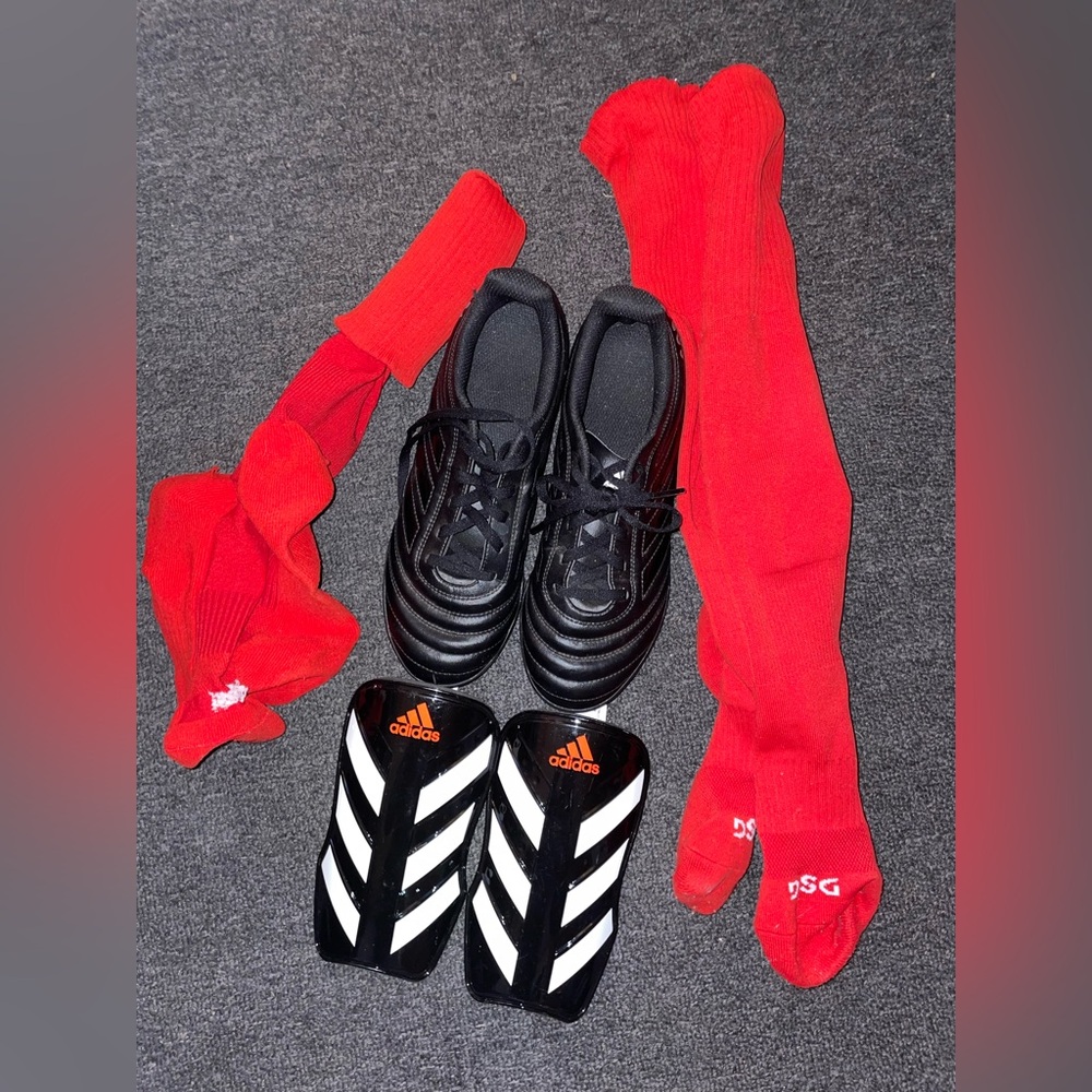 Bundle. Adidas Black Soccer Cleats & shin guards with Red DSG Socks
